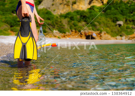 Woman with flippers snorkeling tube on beach Woman with flippers snorkeling tube on beach 138364912