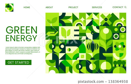 Green energy technology landing page template. Green energy company vector landing page, renewable power plant webpage. Clean environment and ecology website with Bauhaus green geometric shapes Green energy technology landing page template. Green energy company vector landing page, renewable power plant webpage. Clean environment and ecology website with Bauhaus green geometric shapes 138364938
