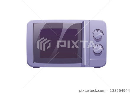 Cartoon microwave oven, modern kitchen appliance. Isolated vector compact household cooking device with control knobs and glass door used for food heating, preparation and domestic culinary processes Cartoon microwave oven, modern kitchen appliance. Isolated vector compact household cooking device with control knobs and glass door used for food heating, preparation and domestic culinary processes 138364944