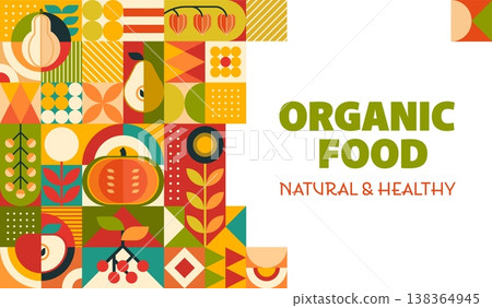 Organic fruits and vegetables, modern geometric pattern. Vector natural and healthy food mosaic tile background. Modern abstract grid featuring apple, pumpkin, pear, berry and wheat fresh farm produce Organic fruits and vegetables, modern geometric pattern. Vector natural and healthy food mosaic tile background. Modern abstract grid featuring apple, pumpkin, pear, berry and wheat fresh farm produce 138364945