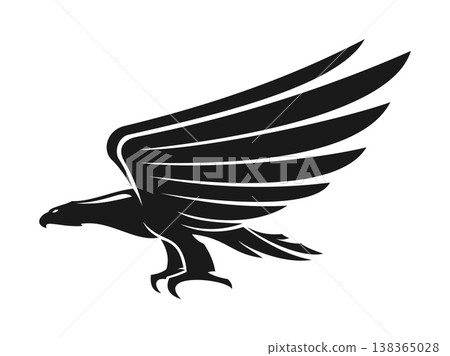 Black eagle flying bird abstract icon or symbol. Hunting falcon graphic emblem, black eagle bird heraldic sign. Flying bird of prey company icon 138365028