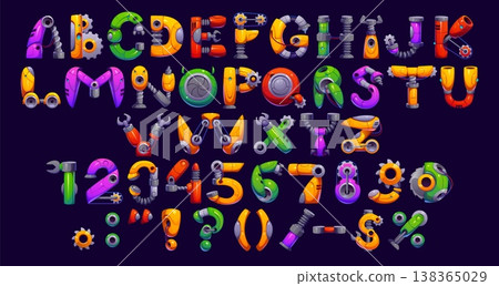 Cartoon robot hand font, gear wheel typeface, cyborg machine type, engineering English alphabet. Kids abc vector uppercase letters, digits and punctuation marks characters made of machine parts Cartoon robot hand font, gear wheel typeface, cyborg machine type, engineering English alphabet. Kids abc vector uppercase letters, digits and punctuation marks characters made of machine parts 138365029