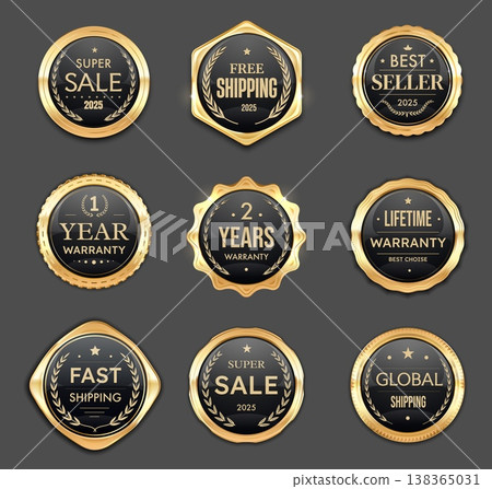 Sale, shipping or warranty golden badges and labels, award seals, luxury medal and marks with laurel wreaths, ribbons. Vector set of round premium ecommerce promotion for business marketing and shop 138365031