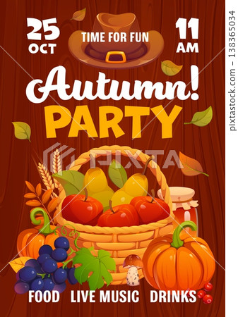 Autumn and Thanksgiving party flyer with harvest in wicker basket, vector banner. Autumn season and Thanksgiving holiday festival flyer with fall leaves, pumpkin and honey jar, fruits and berries 138365034