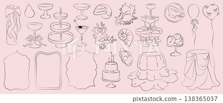Hand-drawn wedding decor elements ready concept for cards, menu, invitations in rococo classic style, shells and drinks, frames Hand-drawn wedding decor elements ready concept for cards, menu, invitations in rococo classic style, shells and drinks, frames 138365037