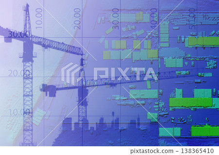 Crane construction blueprint. Construction crane on the background of infographics from the project documentation Crane construction blueprint. Construction crane on the background of infographics from the project documentation 138365410