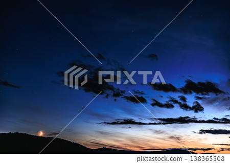一彎新月和繁星漂浮在暮色的天空:一幅壯麗的暮色景象。 一彎新月和繁星漂浮在暮色的天空:一幅壯麗的暮色景象。 138365508