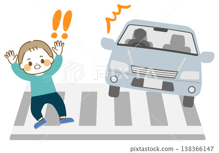 An illustration of a boy startled by a car at a crosswalk. 138366147