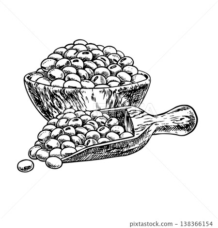 Soybeans in a wooden bowl and scoop. Black and white vector graphic illustration. Isolate. Perfect for creating product labels, posters, banners, menus, and more. Soybeans in a wooden bowl and scoop. Black and white vector graphic illustration. Isolate. Perfect for creating product labels, posters, banners, menus, and more. 138366154