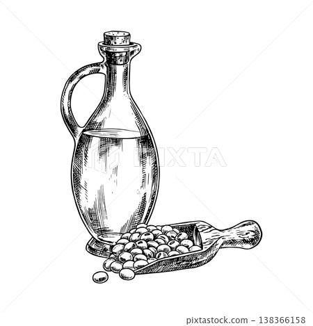 Soybean oil. A glass bottle and a handful of soybeans in a wooden scoop. Black and white vector graphics. For menus, recipes, and cookbooks. For banners, packaging, labels, and more. Soybean oil. A glass bottle and a handful of soybeans in a wooden scoop. Black and white vector graphics. For menus, recipes, and cookbooks. For banners, packaging, labels, and more. 138366158