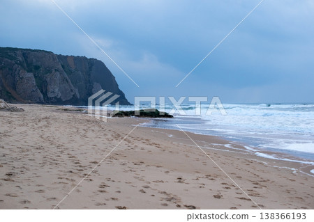 Coastal Rock and Ocean Wave Scene on Beach Coastal Rock and Ocean Wave Scene on Beach 138366193