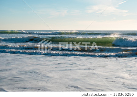 Waves Crashing on Rocky Cliff and Sandy Shoreline Waves Crashing on Rocky Cliff and Sandy Shoreline 138366290