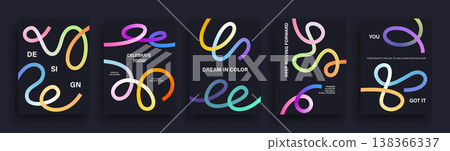Set of vibrant, colorful abstract posters features flowing ribbon like shapes paired with bold, motivational and celebratory text. Vector illustration 138366337