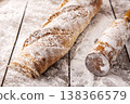 Freshly baked french baguette in on wooden background. High quality photo 138366579