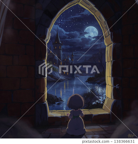A girl gazing at the castle at night A girl gazing at the castle at night 138366631