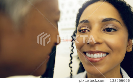 Happy woman, face or eye doctor consulting to help eyesight at optometrist for a optical assessment. Optician, wellness or customer in test for vision, iris or retina health with laser technology Happy woman, face or eye doctor consulting to help eyesight at optometrist for a optical assessment. Optician, wellness or customer in test for vision, iris or retina health with laser technology 138366666