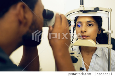 Woman, optometrist and eye exam with vision and laser machine, health and vision with optometry and wellness at clinic. Patient, man and scan retina for assessment with prescription and technology Woman, optometrist and eye exam with vision and laser machine, health and vision with optometry and wellness at clinic. Patient, man and scan retina for assessment with prescription and technology 138366671
