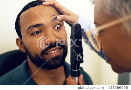 Vision, patient eyes and optometrist with ophthalmoscope for glaucoma test, ocular healthcare and medical consultation. Optician, eyesight assessment and expert check retina of man with lens tools 138366696