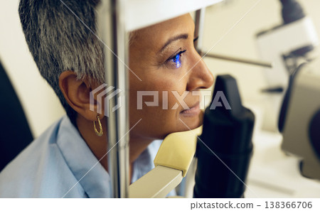 Eye test, machine and a woman for optometry help, scanning retina or optical surgery at a clinic. Healthcare, ophthalmology and a patient or person with an exam for vision, glasses or lens check 138366706