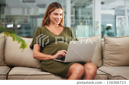 Remote work, laptop and pregnant woman on a sofa typing, search or reading at home. Pregnancy, freelance and female entrepreneur online in living room with social media, web or network communication 138366723