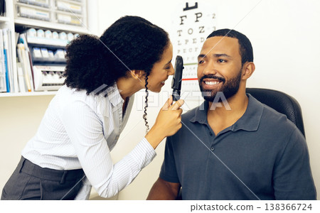 Patient, eye care and healthcare in clinic with ophthalmoscope to check for glaucoma, ocular services and assessment. Optician, woman and retina analysis for eyesight of happy man with expert tools Patient, eye care and healthcare in clinic with ophthalmoscope to check for glaucoma, ocular services and assessment. Optician, woman and retina analysis for eyesight of happy man with expert tools 138366724