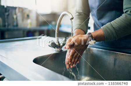 Water, safety and washing hands in the kitchen with a person by the sink for skincare or wellness. Cleaning, hygiene and bacteria with an adult closeup in the home to rinse for skin protection 138366740