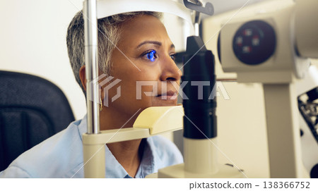 Eye test, machine and a woman for an optometry problem, scanning retina or surgery at a clinic. Healthcare, ophthalmology and a patient or person with an exam for vision, glasses or lens check Eye test, machine and a woman for an optometry problem, scanning retina or surgery at a clinic. Healthcare, ophthalmology and a patient or person with an exam for vision, glasses or lens check 138366752