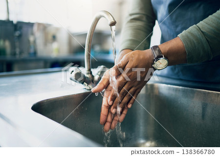 Water, hygiene and washing hands in the kitchen with a person by the sink for health or wellness. Cleaning, safety and bacteria with an adult closeup in the home to rinse for skin protection Water, hygiene and washing hands in the kitchen with a person by the sink for health or wellness. Cleaning, safety and bacteria with an adult closeup in the home to rinse for skin protection 138366780