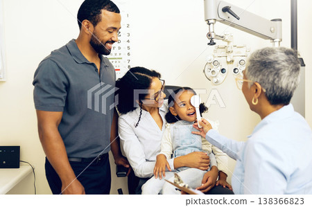 Family, optometry and eye exam with a woman doctor in a clinic to see a patient for vision assessment. Mother, father and daughter at the optometrist for an appointment to test eyesight for children Family, optometry and eye exam with a woman doctor in a clinic to see a patient for vision assessment. Mother, father and daughter at the optometrist for an appointment to test eyesight for children 138366823