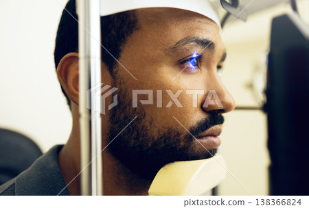 Man, face and eye exam with vision and laser machine, health and vision with closeup, optometry and wellness at clinic. Patient, healthcare and scan retina for assessment, prescription and technology Man, face and eye exam with vision and laser machine, health and vision with closeup, optometry and wellness at clinic. Patient, healthcare and scan retina for assessment, prescription and technology 138366824