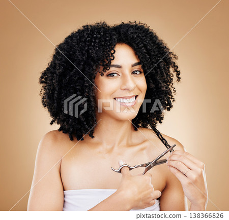 Hair, scissors with curls and portrait of woman, beauty and cosmetic care and change on studio brown background. Wellness, haircare and haircut with strong texture and cut locks, volume and afro Hair, scissors with curls and portrait of woman, beauty and cosmetic care and change on studio brown background. Wellness, haircare and haircut with strong texture and cut locks, volume and afro 138366826