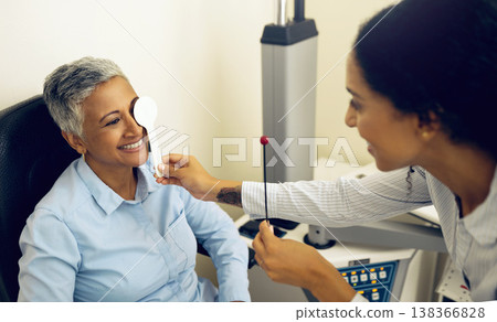 Woman, eye exam and occluder with optometrist in clinic, check and lens for vision, wellness or healthcare. Doctor, eyesight tools and smile for help in assessment, consultation or cover in hospital Woman, eye exam and occluder with optometrist in clinic, check and lens for vision, wellness or healthcare. Doctor, eyesight tools and smile for help in assessment, consultation or cover in hospital 138366828