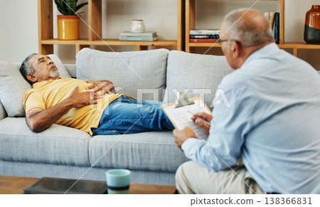 Old man, mental health and psychologist on sofa or .counseling with anxiety, stress or depression. Elderly person, therapist or support helping advice, talking or results, problem or sad in office Old man, mental health and psychologist on sofa or .counseling with anxiety, stress or depression. Elderly person, therapist or support helping advice, talking or results, problem or sad in office 138366831