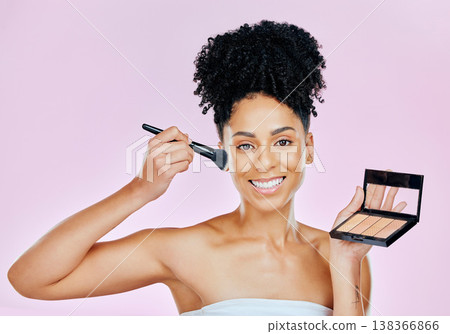 Makeup brush, foundation and studio portrait of happy woman with tools, beauty product or cosmetics palette choice. Skincare shine, face powder application and aesthetic person on pink background Makeup brush, foundation and studio portrait of happy woman with tools, beauty product or cosmetics palette choice. Skincare shine, face powder application and aesthetic person on pink background 138366866