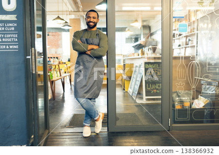 Happy man, portrait and small business owner on door of cafe with arms crossed in confidence or retail management. Male person, barista or waiter smile by entrance of coffee shop or ready for service 138366932