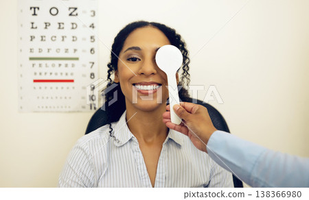 Woman, eye exam and occluder with optometrist test, check and lens for vision, wellness and healthcare in clinic. Doctor, eyesight tools and machine for assessment, consultation and cover in hospital Woman, eye exam and occluder with optometrist test, check and lens for vision, wellness and healthcare in clinic. Doctor, eyesight tools and machine for assessment, consultation and cover in hospital 138366980