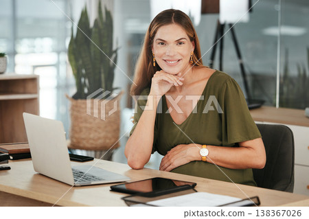 Portrait, laptop and a pregnant business woman in her office at the start of her maternity leave from work. Computer, smile and pregnancy with a happy young employee in the workplace for motherhood 138367026