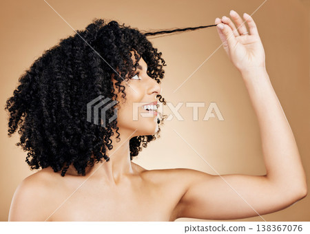 Hair, woman with curls and beauty, salon treatment for shine, cosmetic care and smile on studio background. Wellness, haircare and model with strong texture and curly hairstyle, volume and afro Hair, woman with curls and beauty, salon treatment for shine, cosmetic care and smile on studio background. Wellness, haircare and model with strong texture and curly hairstyle, volume and afro 138367076