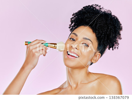 Portrait, happy woman and brush for makeup in studio for mockup in beauty on pink background. African, female model and smile in confidence for powder, foundation or cosmetic for results in coverage 138367079