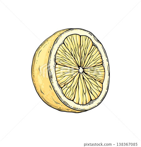 Sketch lemonade. Summer cold drinks, hand drawn yellow lemons slices and leaves. Glass of lemonade with ice vector illustration. Drink fruit lemonade graphic, juice and mint leaf 138367085