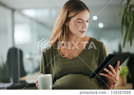 Tablet, research and pregnant business woman in office reading information on internet. Maternity, coffee cup and female designer from Canada with pregnancy working on digital technology in workplace 138367089