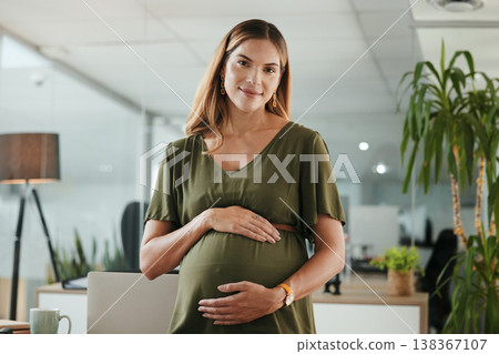Portrait, stomach and a pregnant business woman in her office at the start of her maternity leave from work. Company, belly and pregnancy with a happy young employee in the workplace for motherhood 138367107