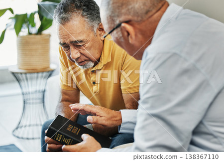 Men, home and bible with counselling on faith, worship and prayer with pastor, church or christ. Elderly men, diversity and spiritual guidance for grief with loss and depression with hope in jesus Men, home and bible with counselling on faith, worship and prayer with pastor, church or christ. Elderly men, diversity and spiritual guidance for grief with loss and depression with hope in jesus 138367110