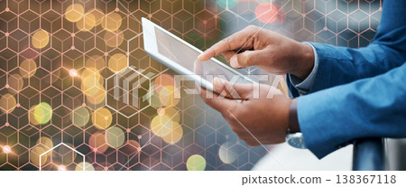 Overlay, business man hands and tablet on patio for research work and digital transformation outdoor. Working, professional and grid technology for website development, job or reading information Overlay, business man hands and tablet on patio for research work and digital transformation outdoor. Working, professional and grid technology for website development, job or reading information 138367118