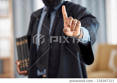 Person, lawyer and finger for rejection gesture in counsel, consultant or advocate in law firm. Attorney, standing in office and warning or tip in case, constitution and legal handbook or legislation Person, lawyer and finger for rejection gesture in counsel, consultant or advocate in law firm. Attorney, standing in office and warning or tip in case, constitution and legal handbook or legislation 138367121