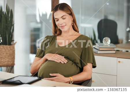 Woman, office and pregnant with hands, stomach and smile for thinking, company and workplace. Belly, employee and pregnancy in career, work and job with love, affection and care for baby or kick 138367135