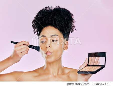 Makeup brush, palette and studio face of woman with tools, beauty routine and apply cosmetics powder, foundation or product. Mirror, facial transformation process and salon person on pink background Makeup brush, palette and studio face of woman with tools, beauty routine and apply cosmetics powder, foundation or product. Mirror, facial transformation process and salon person on pink background 138367140