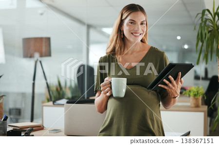 Portrait, tablet and pregnant with woman in her business office at the start of her maternity leave from work. Company, research and pregnancy with tea and happy young employee in the workplace 138367151