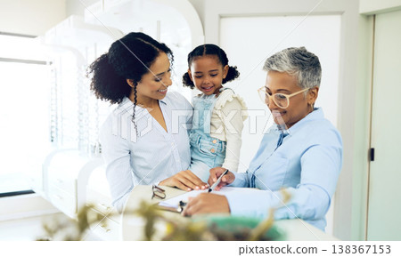 Child, mother or optometrist writing eye care info for vision, medical results or history in eyewear retail. Parent, shopping or happy customer with girl kid or mature doctor at optics clinic store Child, mother or optometrist writing eye care info for vision, medical results or history in eyewear retail. Parent, shopping or happy customer with girl kid or mature doctor at optics clinic store 138367153