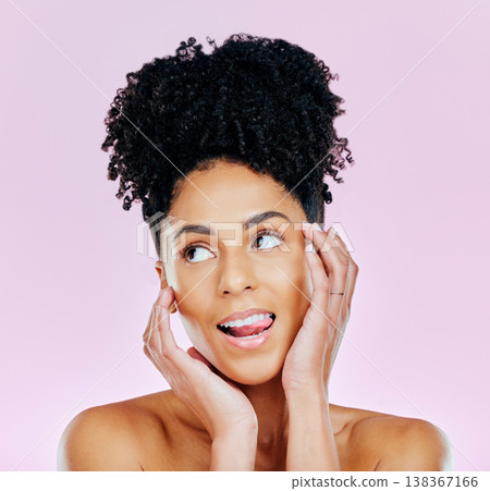 Woman, thinking and studio for beauty with skincare in mockup on pink background for idea. African, person or female model with silly face for makeup of salon treatment, facial or hair with cosmetics 138367166